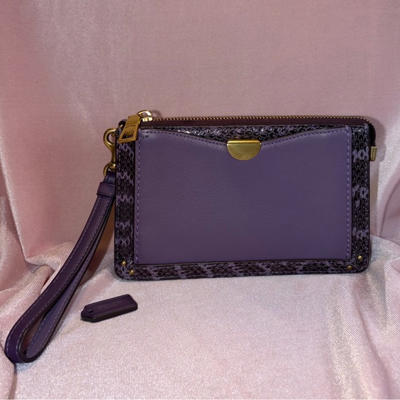 Coach Handbags - Authentic Coach Dreamer Leather Wristlet – Dusty Lavender with Snakeskin Detail